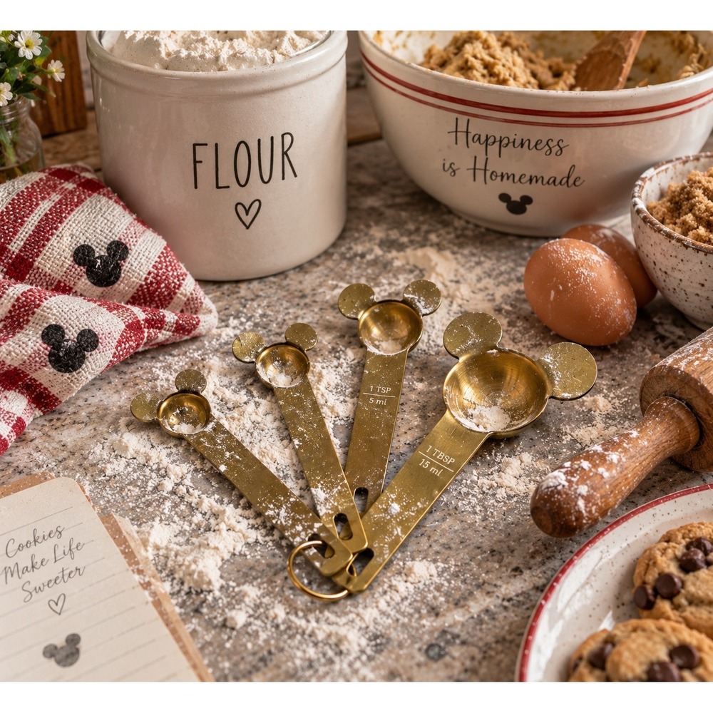 Official Disney Parks Homestead Mickey Mouse Brass Tone Measuring Spoons Set 4